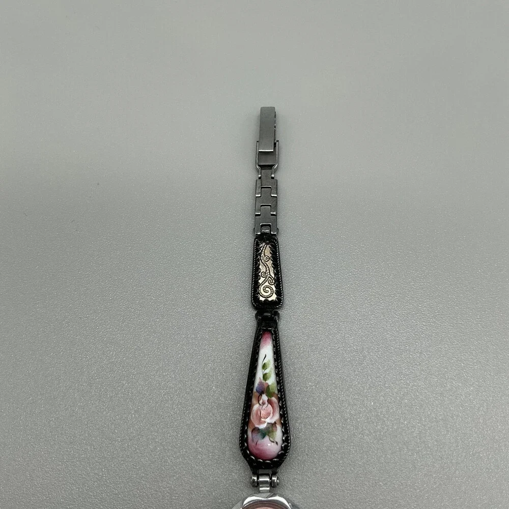 Vintage Luch Womens Watch 17mm Pink Dial Floral Enamel 15 Jewels Manual 6.75